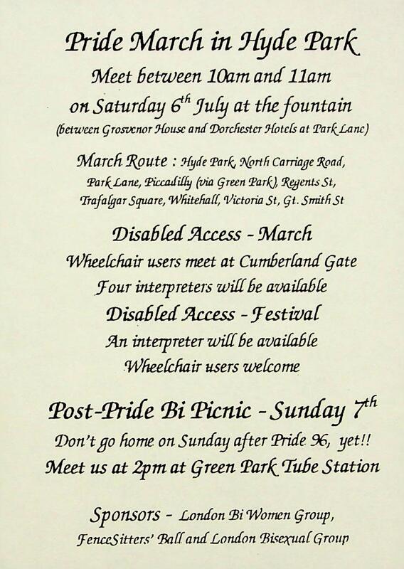 Beige leaflet with black cursive font describing details of the events, location, timing and accessibility information of Pride March and Post Pride Bi Picnic.