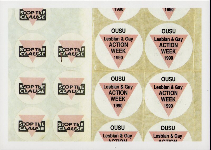 Postcard showing strips of round white stickers. One sticker design shows a pink triangle on white with black text reading 'OUSU Lesbian & Gay ACTION WEEK 1990'. Another sticker design shows a pink triangle bisecting a black rectangle, on white background, with black and white text reading 'STOP THE CLAUSE'.