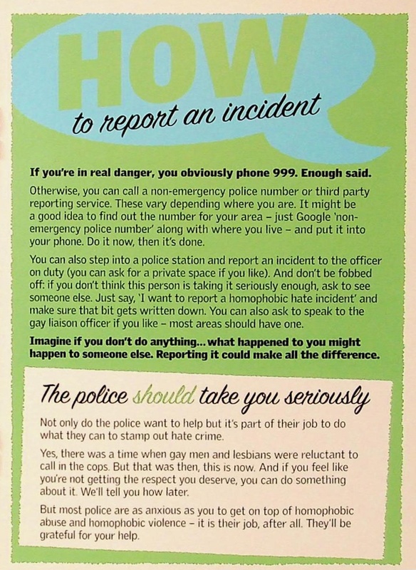 Title reads "How to report an incident" in a blue speech bubble on a green background. Text underneath describes the process of reporting hate crimes to the police.