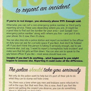 Title reads "How to report an incident" in  a blue speech bubble on a green background. Text underneath describes the process of reporting  hate crimes to the police.